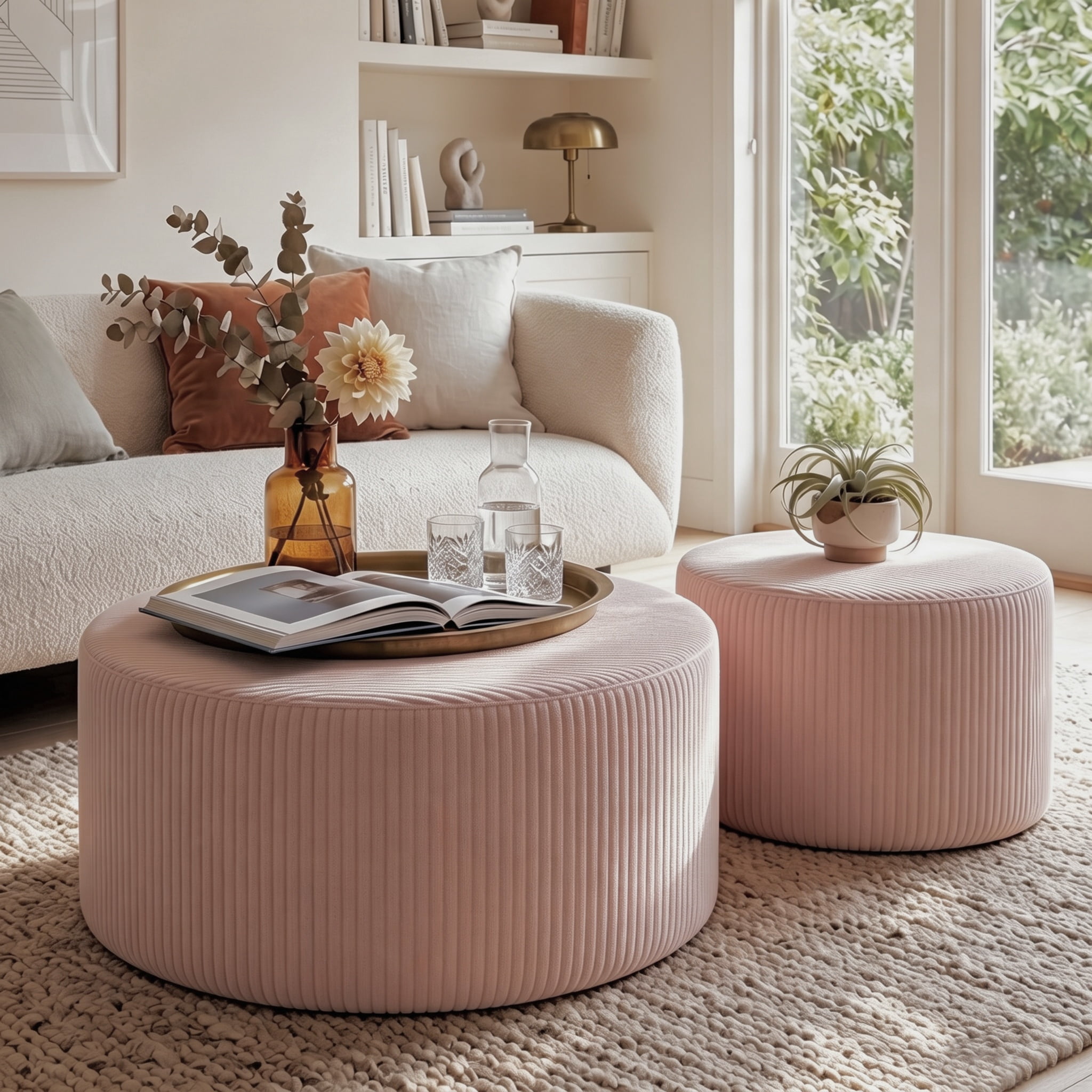 Aukfa 2-Piece Round Ottoman Set, Upholstered Coffee Table & Nesting Footrest Stools for Living Room, Bedroom, Pink