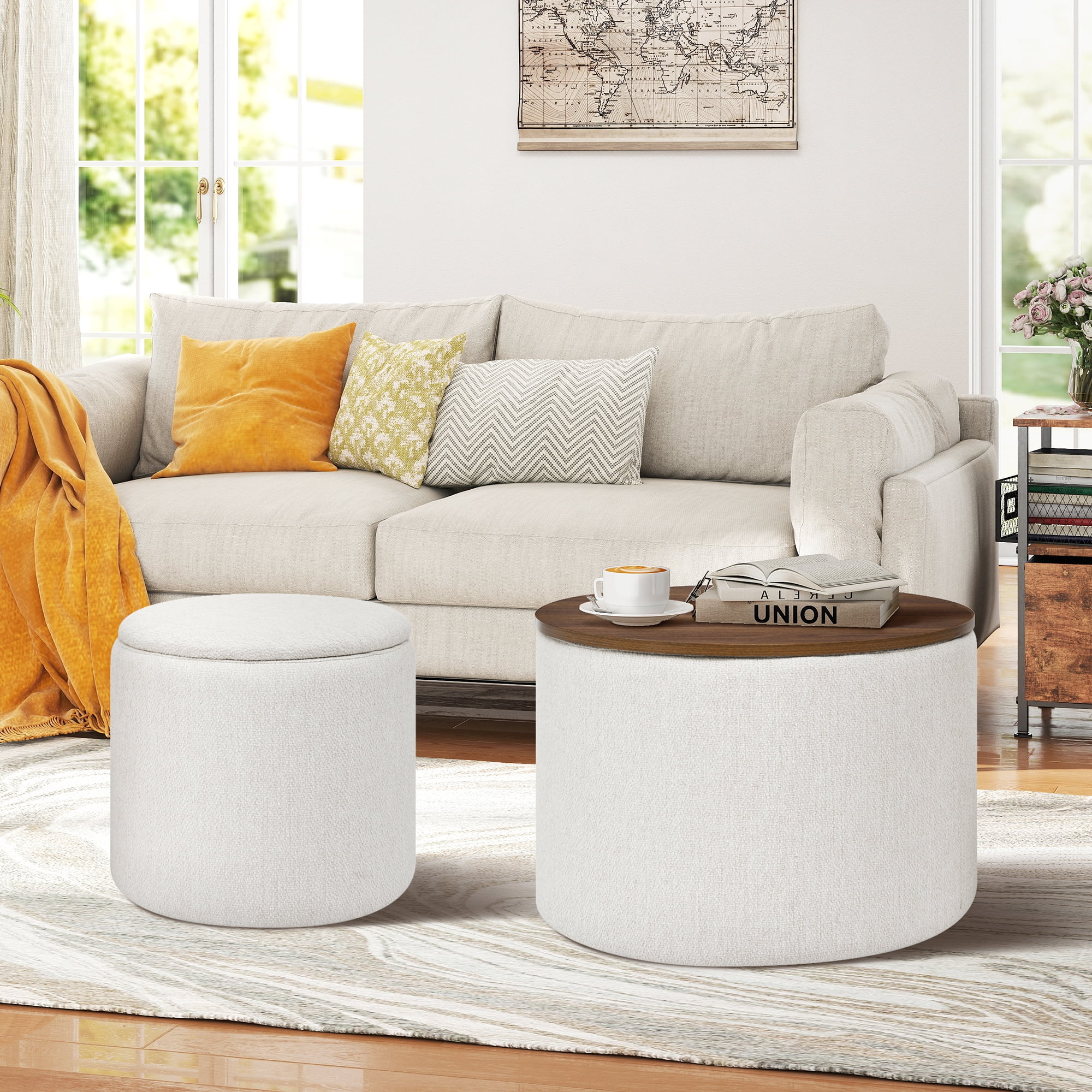 Aukfa 2-Piece Round Storage Ottoman Set,Chenille Coffee Table Footstool & Vanity Stool for Living Room/Bedroom/Entryway,Beige