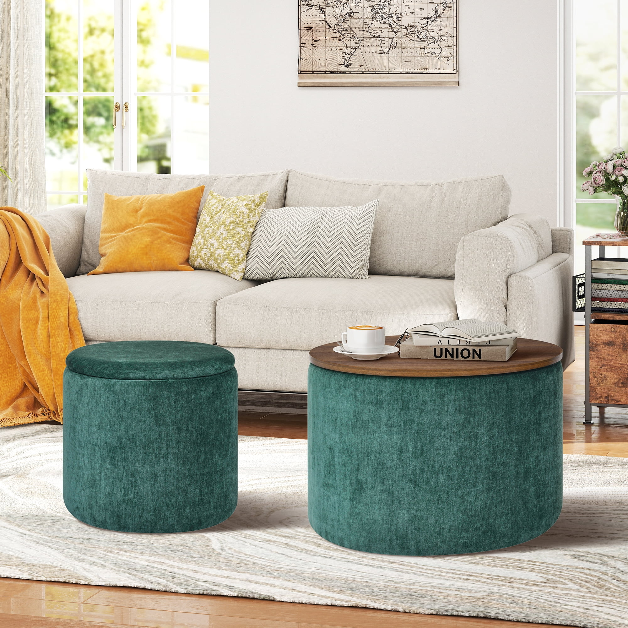 Aukfa 2-Piece Round Storage Ottoman Set,Chenille Coffee Table Footstool & Vanity Stool for Living Room/Bedroom/Entryway,Retro Green
