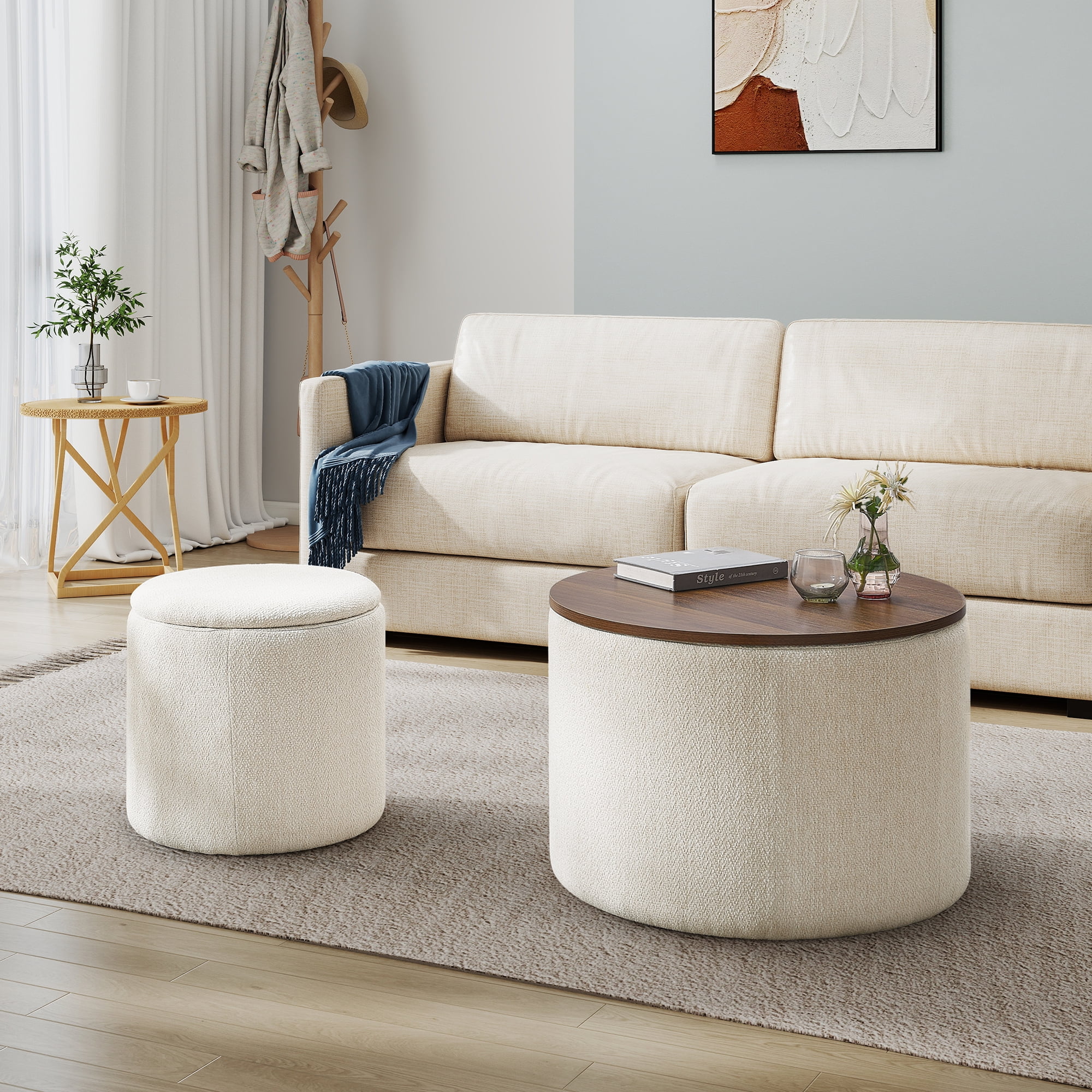 Aukfa 2-Piece Round Storage Ottoman Set with Vanity Stool, Chenille Upholstered End Table for Living Room & Bedroom, Beige