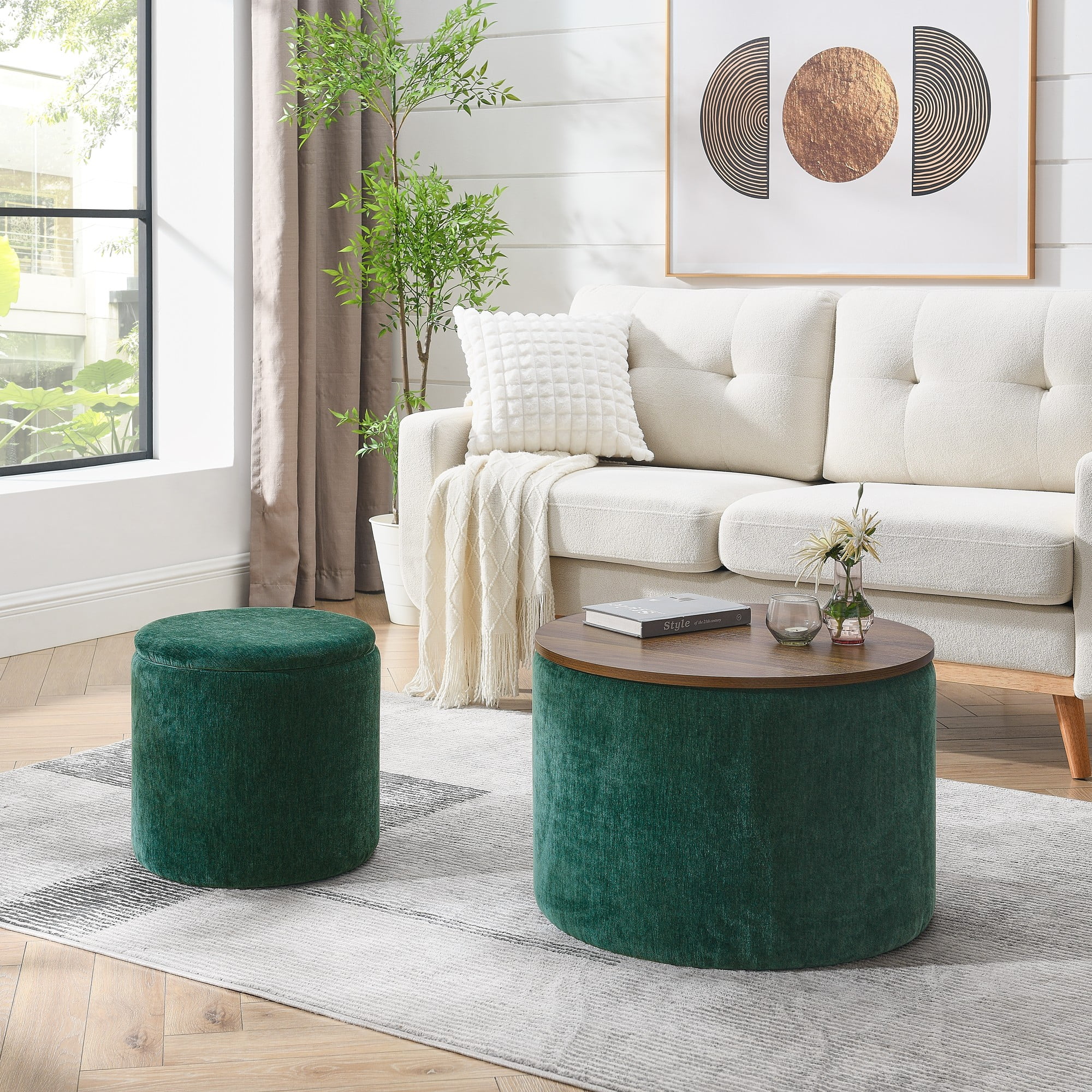 Aukfa 2-Piece Round Storage Ottoman Set with Vanity Stool, Chenille Upholstered End Table for Living Room & Bedroom, Green