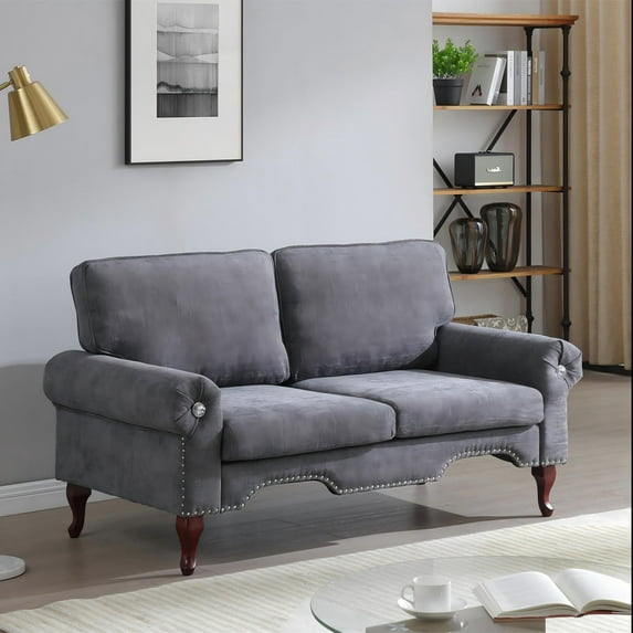 Aukfa 2 Piece Sofa Set - 66" Wide Rolled Arm Loveseat Couch for Living Room Bedroom, Linen, Gray