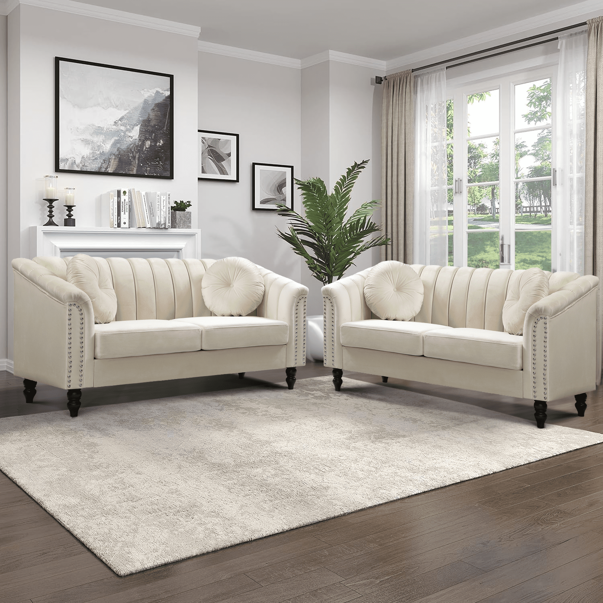 Aukfa 2 Pieces Sectional Sofa Couch Set, 21" Deep Seat Sofa for Living Room, 3 Seat Sofa, Loveseat,Beige