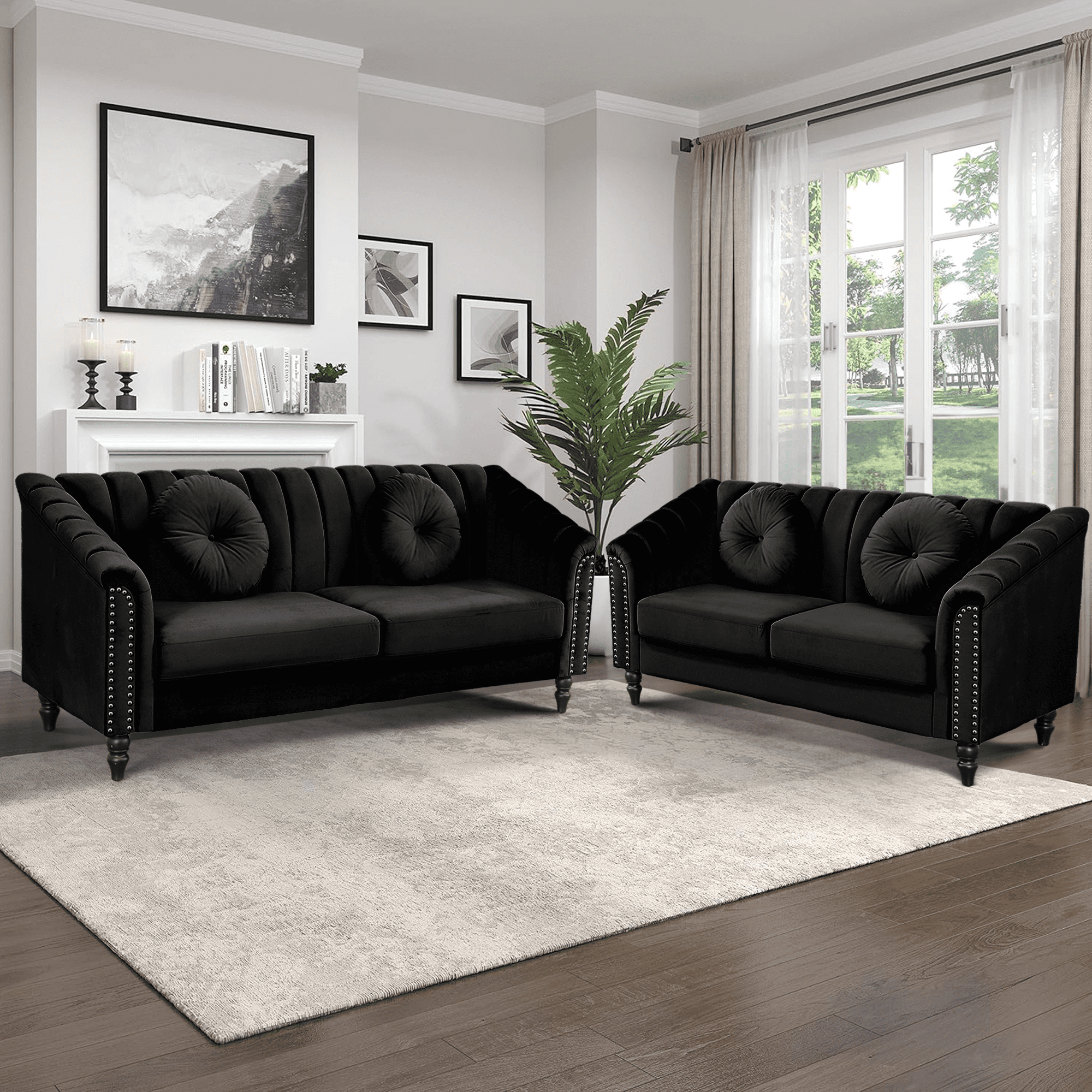 Aukfa 2 Pieces Sectional Sofa Couch Set, 21" Deep Seat Sofa for Living Room, 3 Seat Sofa, Loveseat,Black