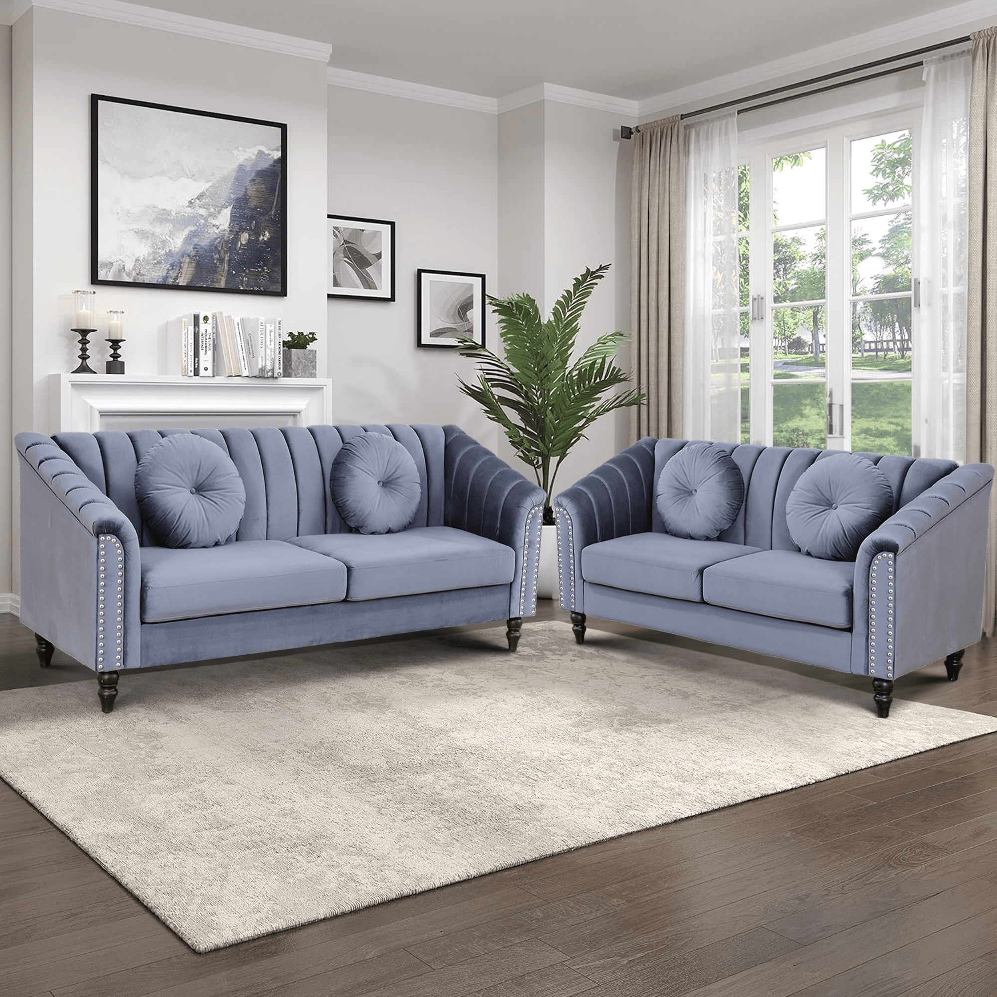 Aukfa 2 Pieces Sectional Sofa Couch Set, 21" Deep Seat Sofa for Living Room, 3 Seat Sofa, Loveseat,Gay