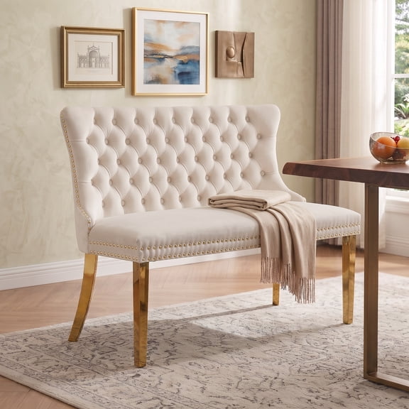 Aukfa 2-Seat Velvet Dining Bench, Tufted Upholstered Kitchen Bench with Gold-Plated Steel Legs,Beige