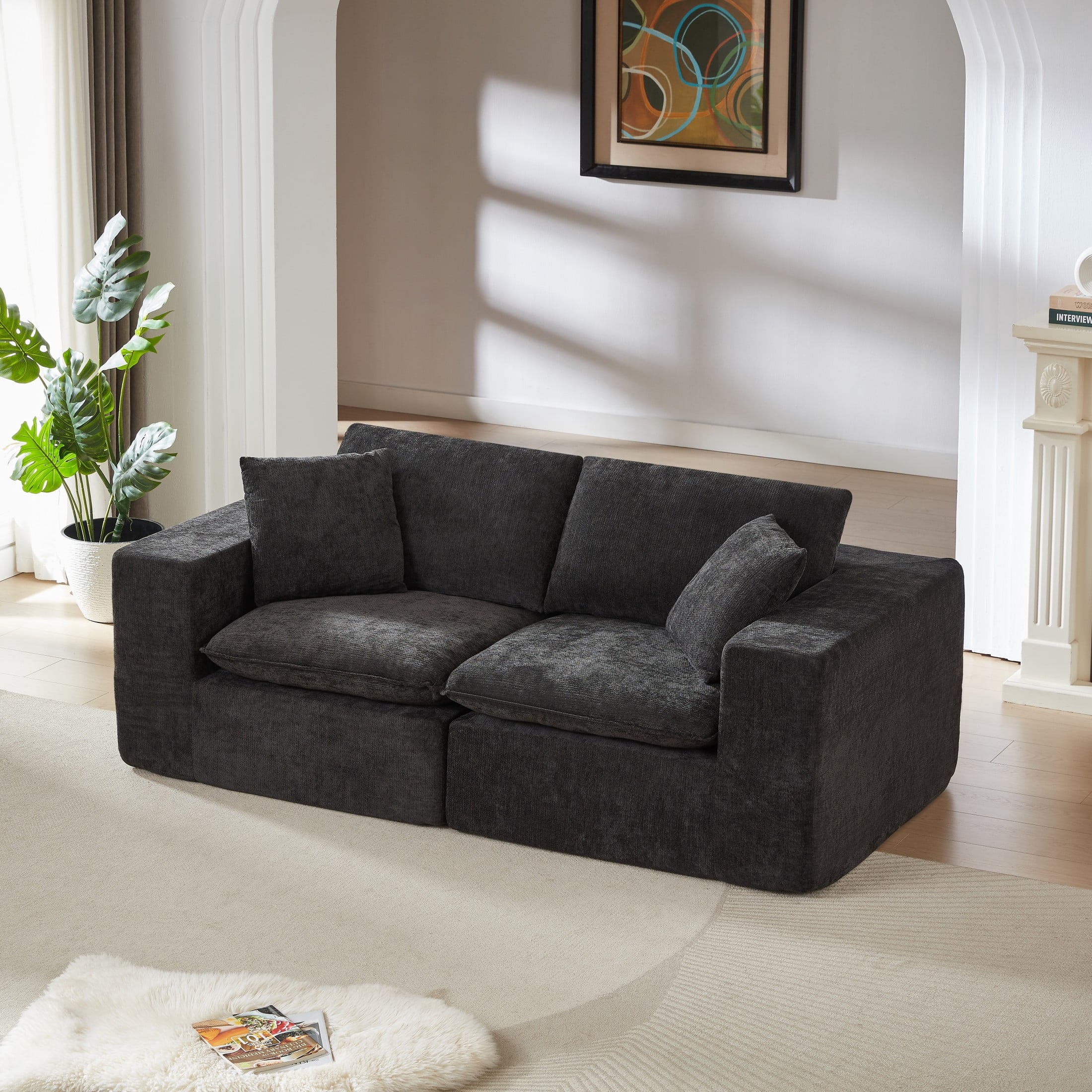 Aukfa 2-Seater Cloud Comfy Sofa, 79" Oversized Deep Seat Chenille Upholstered Loveseat, Modern Modular Couch for Living Room Bedroom, Black