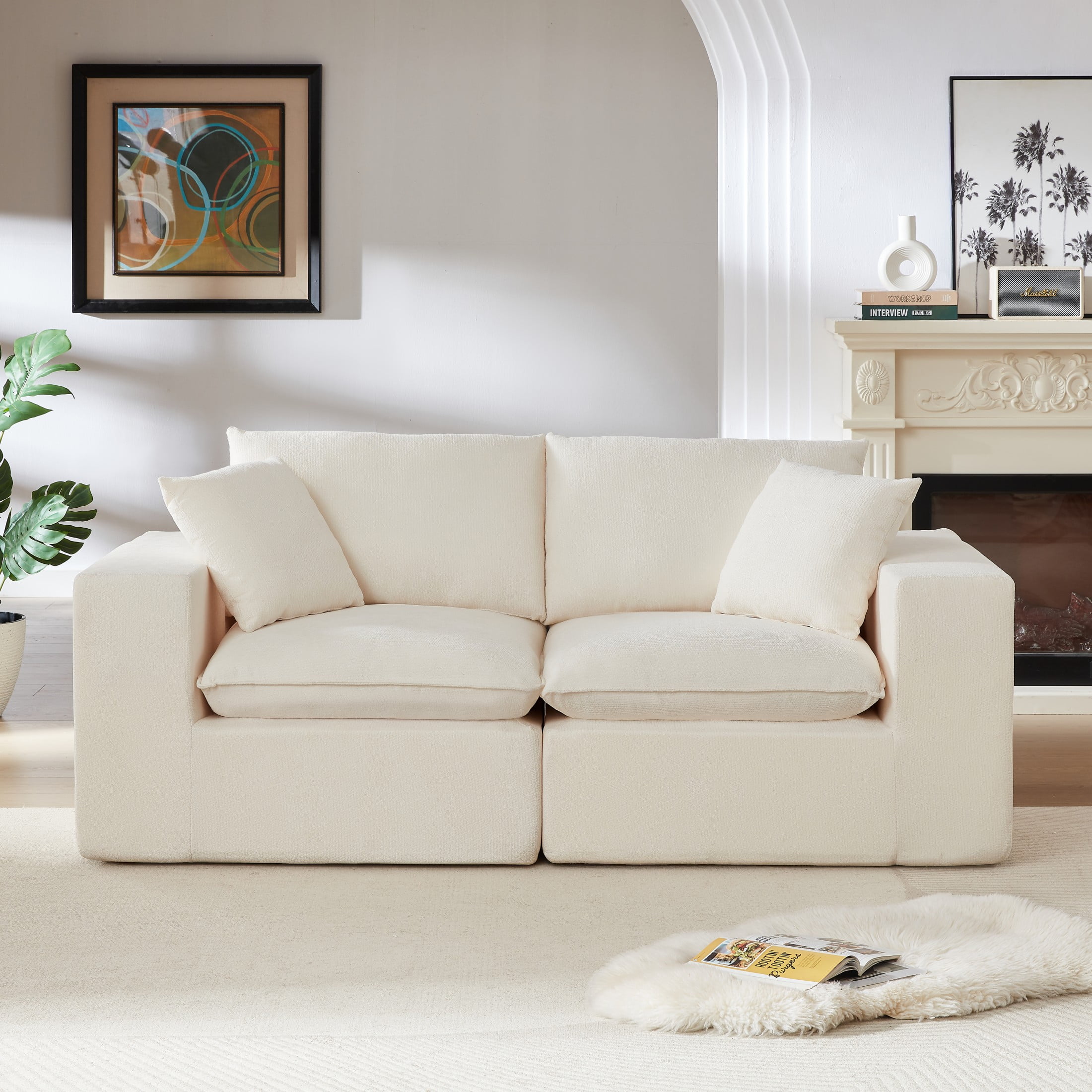 Aukfa 2-Seater Cloud Comfy Sofa, 79" Oversized Deep Seat Chenille Upholstered Loveseat, Modern Modular Couch for Living Room Bedroom, White