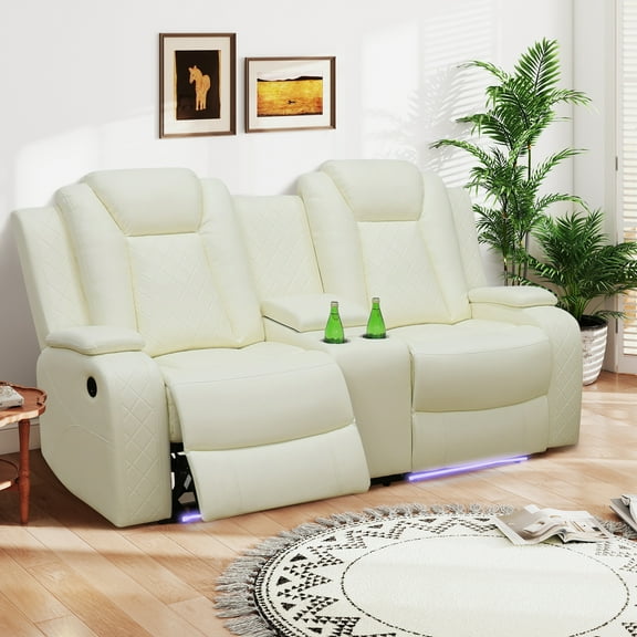 Aukfa 2-Seater Power Recliner Sofa with Cup Holders, USB Charging & Hidden Storage, Modern Electric Loveseat for Living Room Home Theater,White