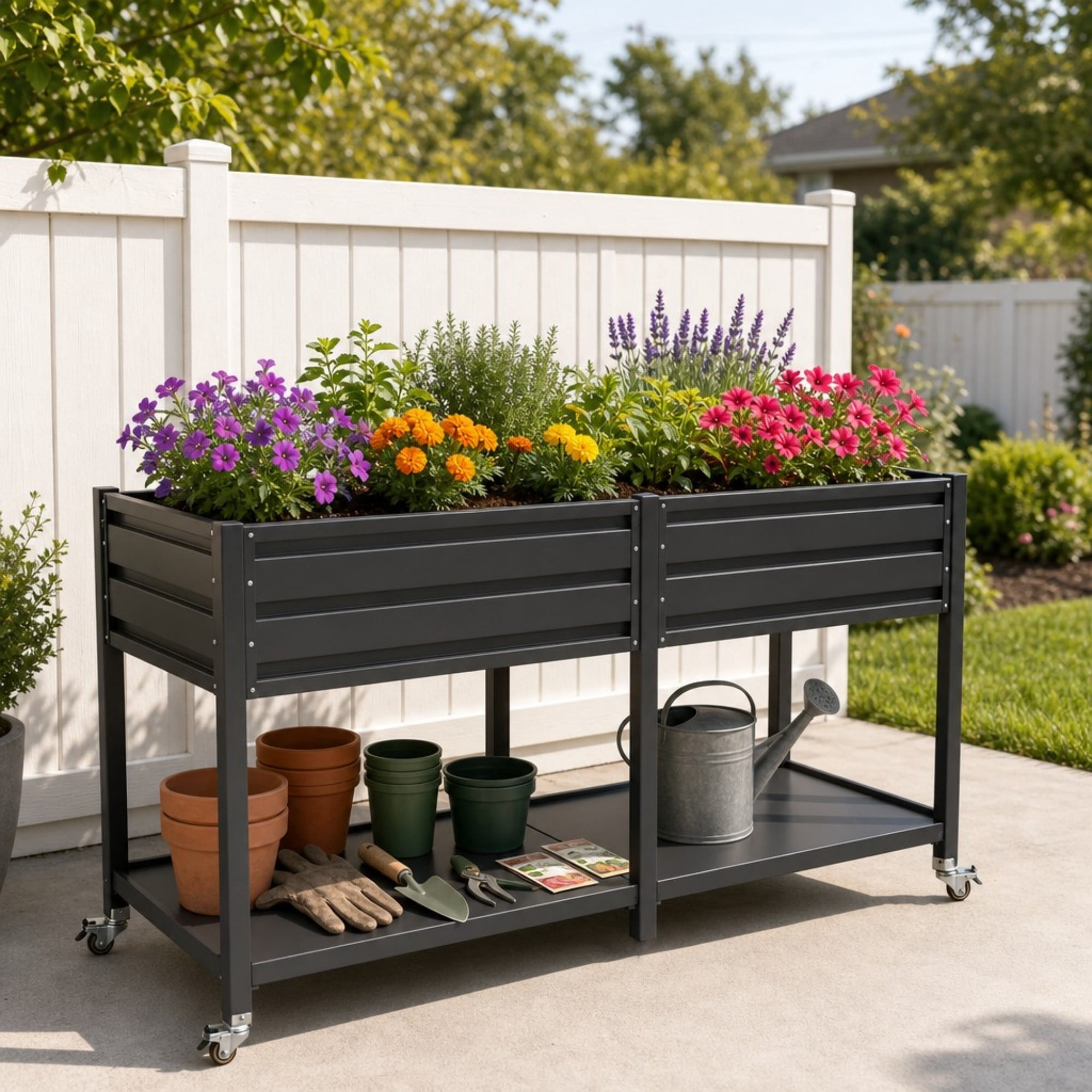 Aukfa 2-Tier Elevated Raised Garden Bed with Lockable Wheels, 37.8" Tall Outdoor Galvanized Metal Planter Box for Vegetables, Herbs, Flowers, Patio Backyard Garden, Black