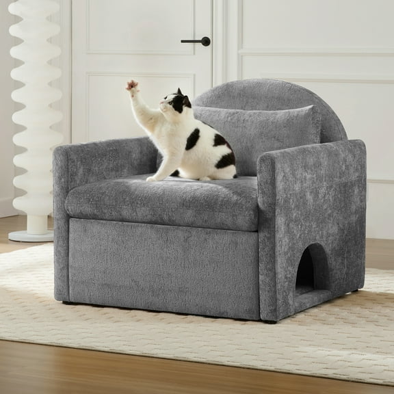 Aukfa Accent Chair with Cat Cave, Deep Seat Armchair with Storage, Chenille Pet Sofa, Gray