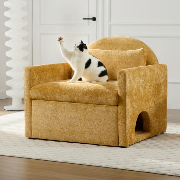 Aukfa Accent Chair with Cat Cave, Deep Seat Armchair with Storage, Chenille Pet Sofa, Yellow