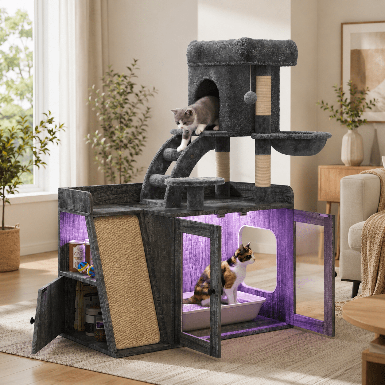 Aukfa 2-in-1 Cat Tree with Hidden Litter Box & RGB Lighting, Modern Multi-Level Cat Tower with Side Storage & Sisal Scratching Board,Gray