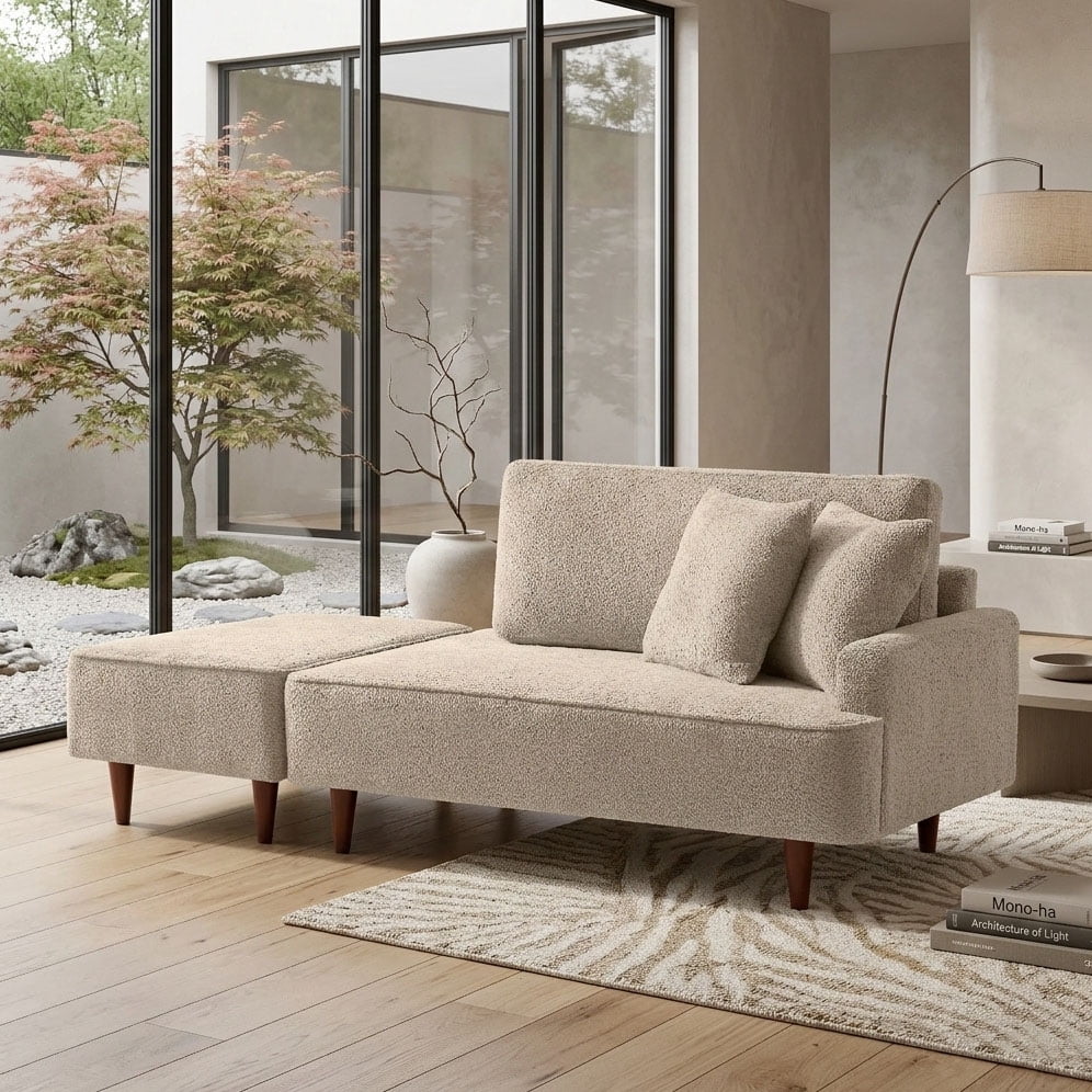 Aukfa 2 in 1 Chaise Lounge Chair with Ottoman & 2 Throw Pillows,Oversized Boucle Lounge Reading Chair for Living Room/Bedroom,Camel