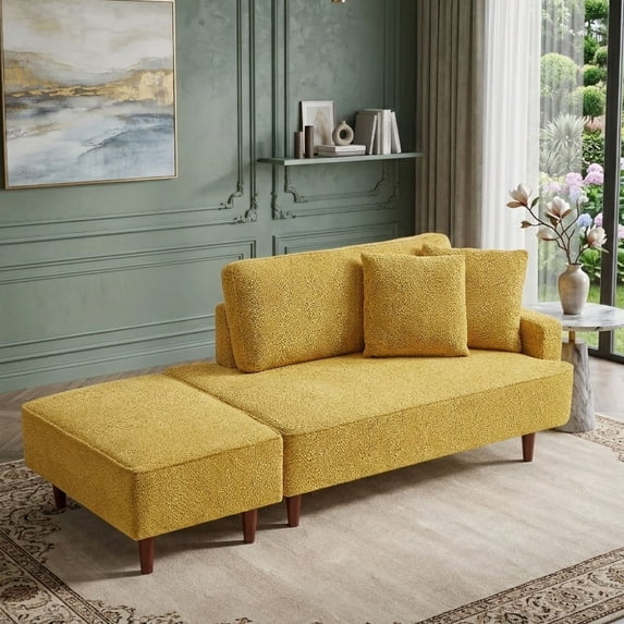 Aukfa 2 in 1 Chaise Lounge Chair with Ottoman & 2 Throw Pillows,Oversized Boucle Lounge Reading Chair for Living Room/Bedroom,Yellow