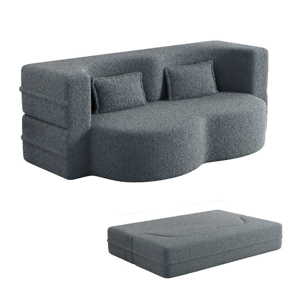 Aukfa 2-in-1 Convertible Couch Bed with 2 Pillows, Folding Floor Couch, 15" Full Size Bed Mattress, Memory Foam Sleeper Sofa Bed, Gray