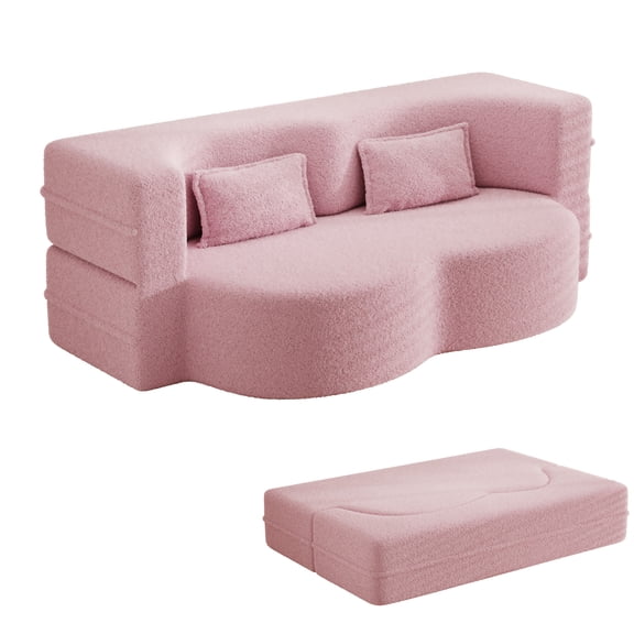Aukfa 2-in-1 Convertible Couch Bed with 2 Pillows, Folding Floor Couch, 15" Full Size Bed Mattress, Memory Foam Sleeper Sofa Bed, Pink