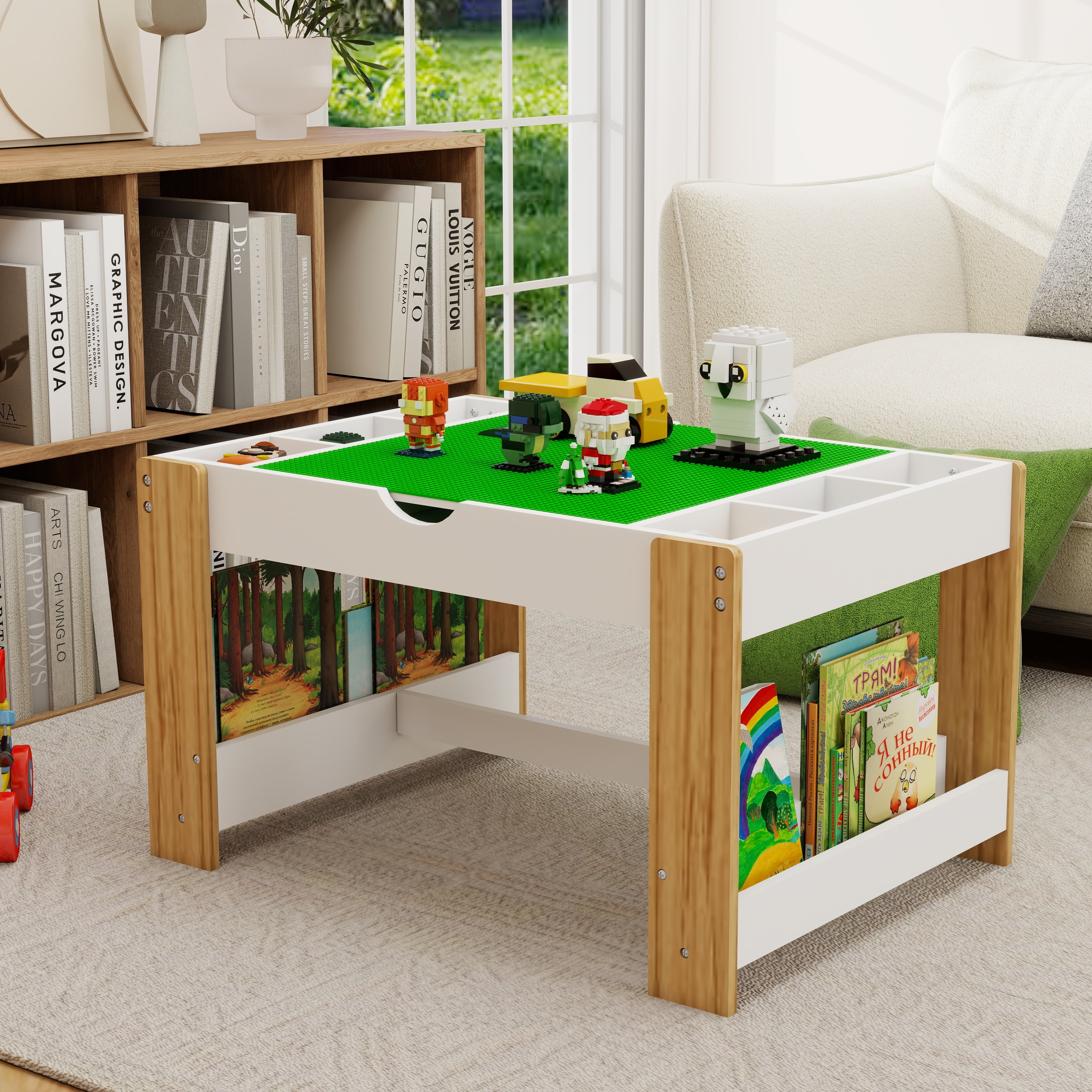 Aukfa 2 in 1 Play Table,Toy Organizer Compatible with Lego Suitable,White