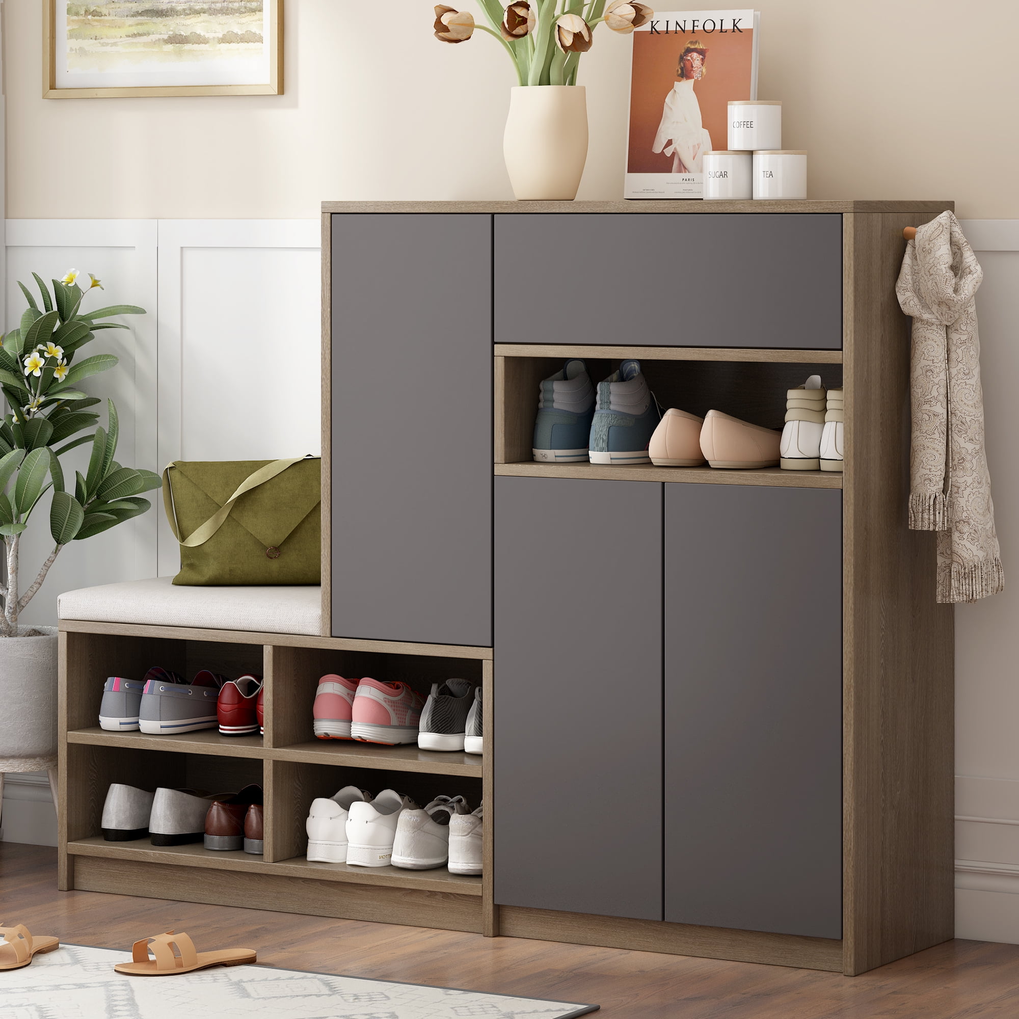 Aukfa 2-in-1 Shoe Cabinets Shoe Storage Bench with Padded Seat for Hallway Living Room, Gray