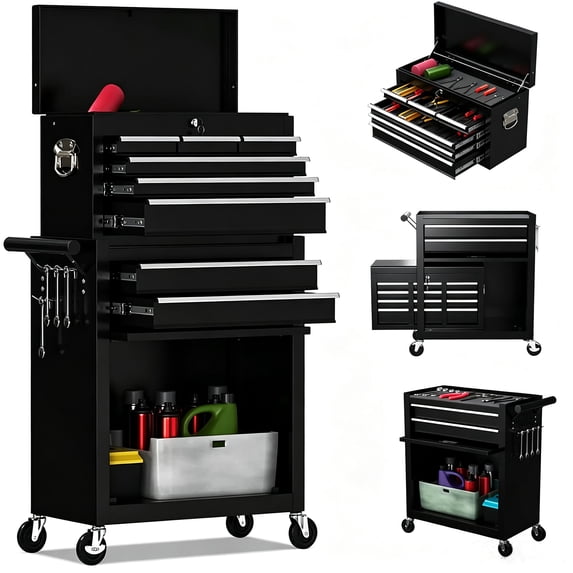 Aukfa Tool Box, 2 in 1 Steel Rolling Tool Chest & Cabinet On Wheels for Garage, 8-drawer, Black
