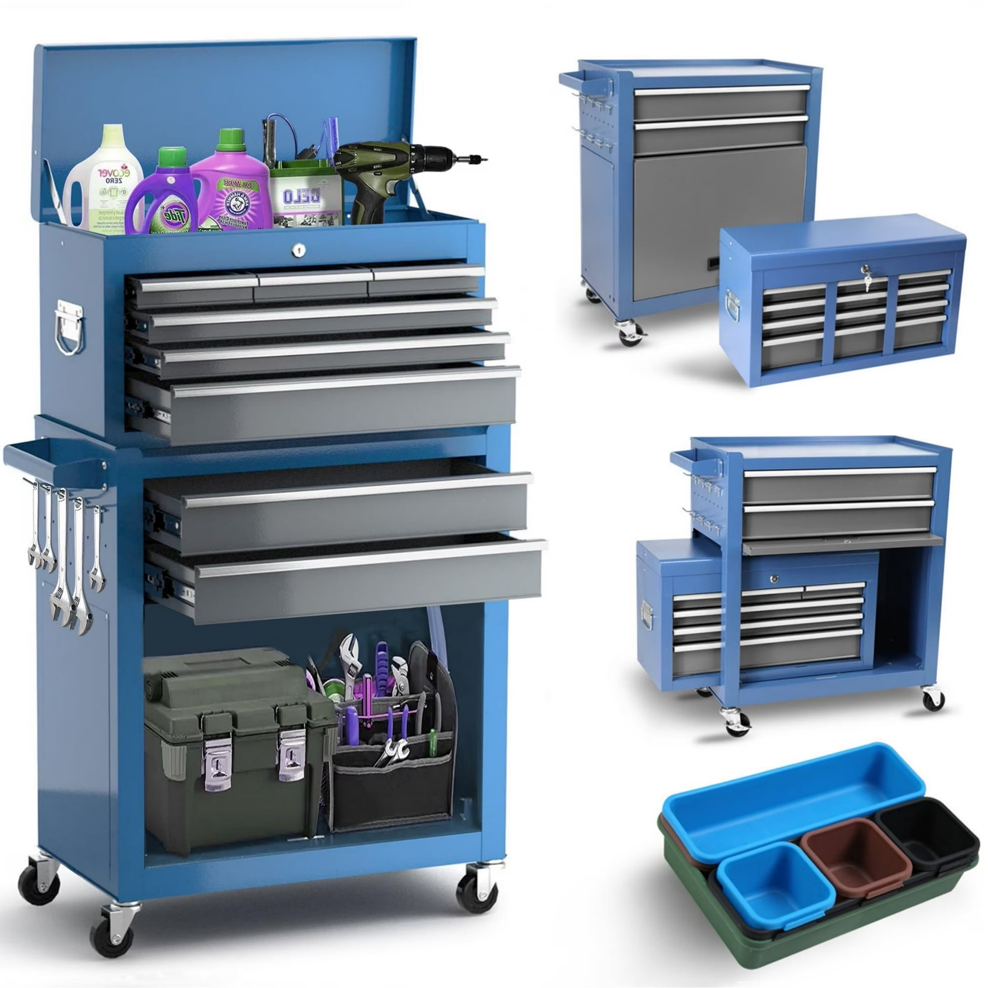 Aukfa Tool Chest, 2 in 1 Steel Rolling Tool Box & Cabinet On Wheels for Garage, 8-Drawer, Blue Gray