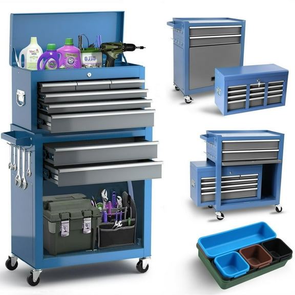 Aukfa Tool Chest, 2 in 1 Steel Rolling Tool Box & Cabinet On Wheels for Garage, 8-Drawer, Blue Gray