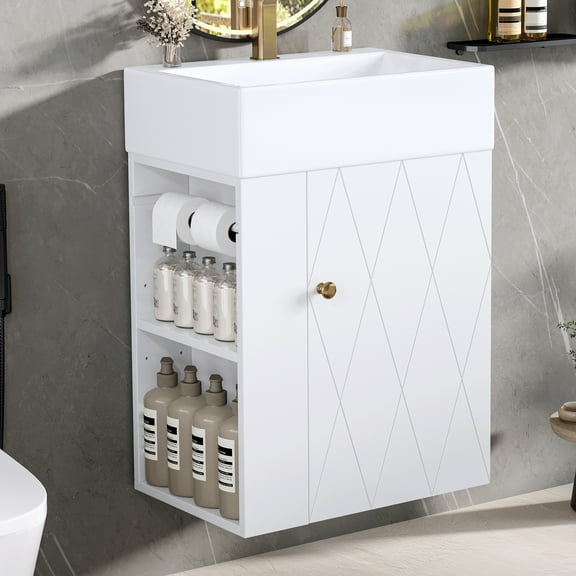 Aukfa 20"Bathroom Vanity with Ceramic Sink, Floating Bathroom Vanity,Side Storage Shelves, Towel Bar & Diamond Door Design, White