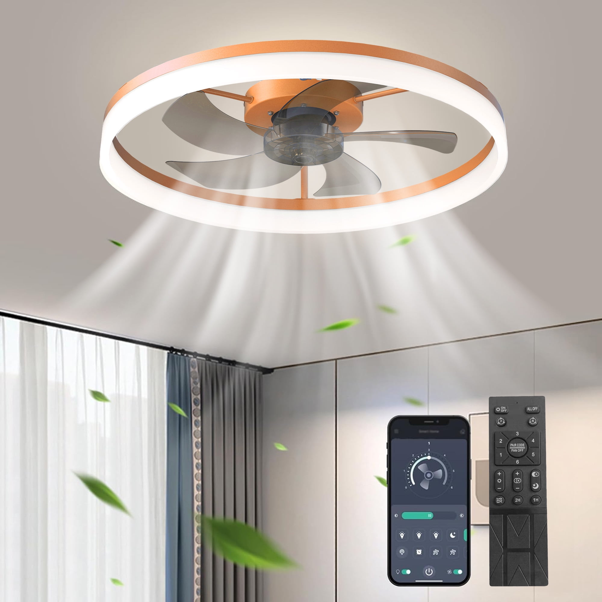 Aukfa 20" Bladeless Ceiling Fan with Light and Remote, Flush Mount Enclosed Design, Dimmable 3 LED Light Colors, Orange