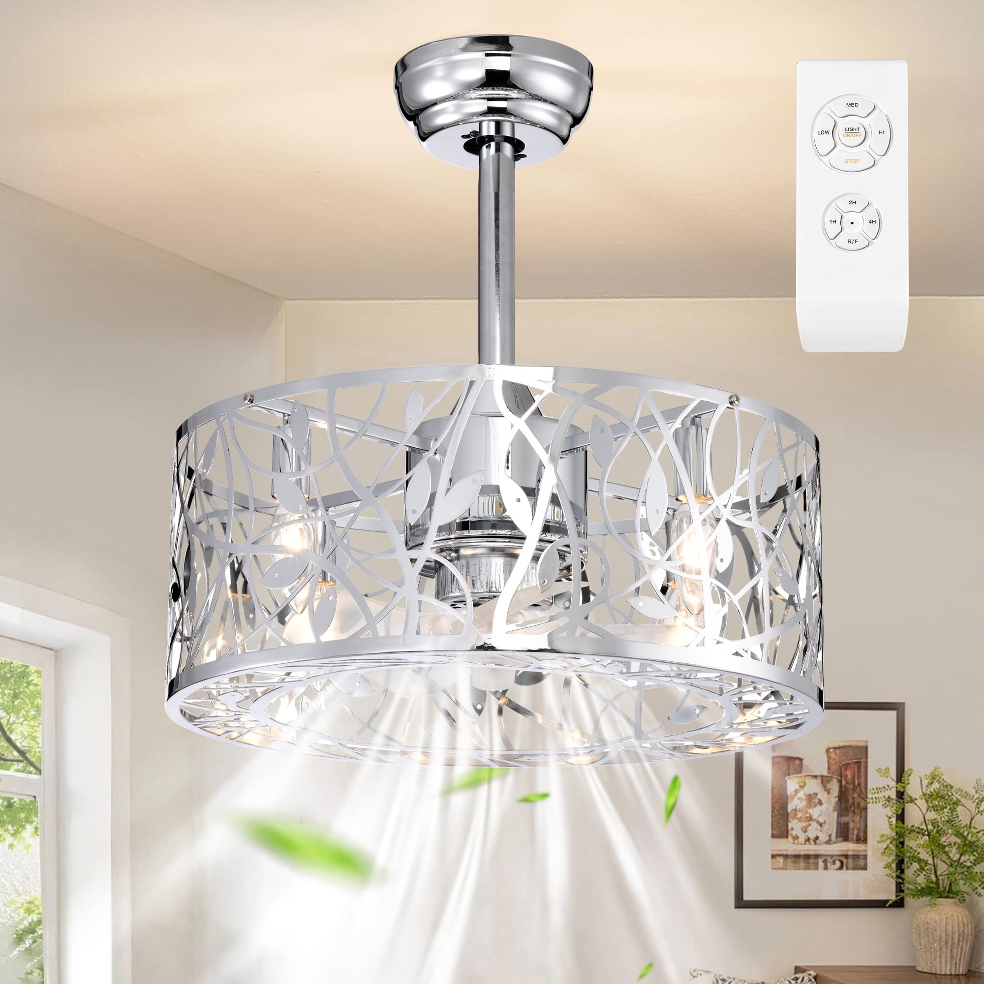 Aukfa 20"Caged Ceiling Fan, 5 Blades Fan with Light and Remote for Living Room,Silver