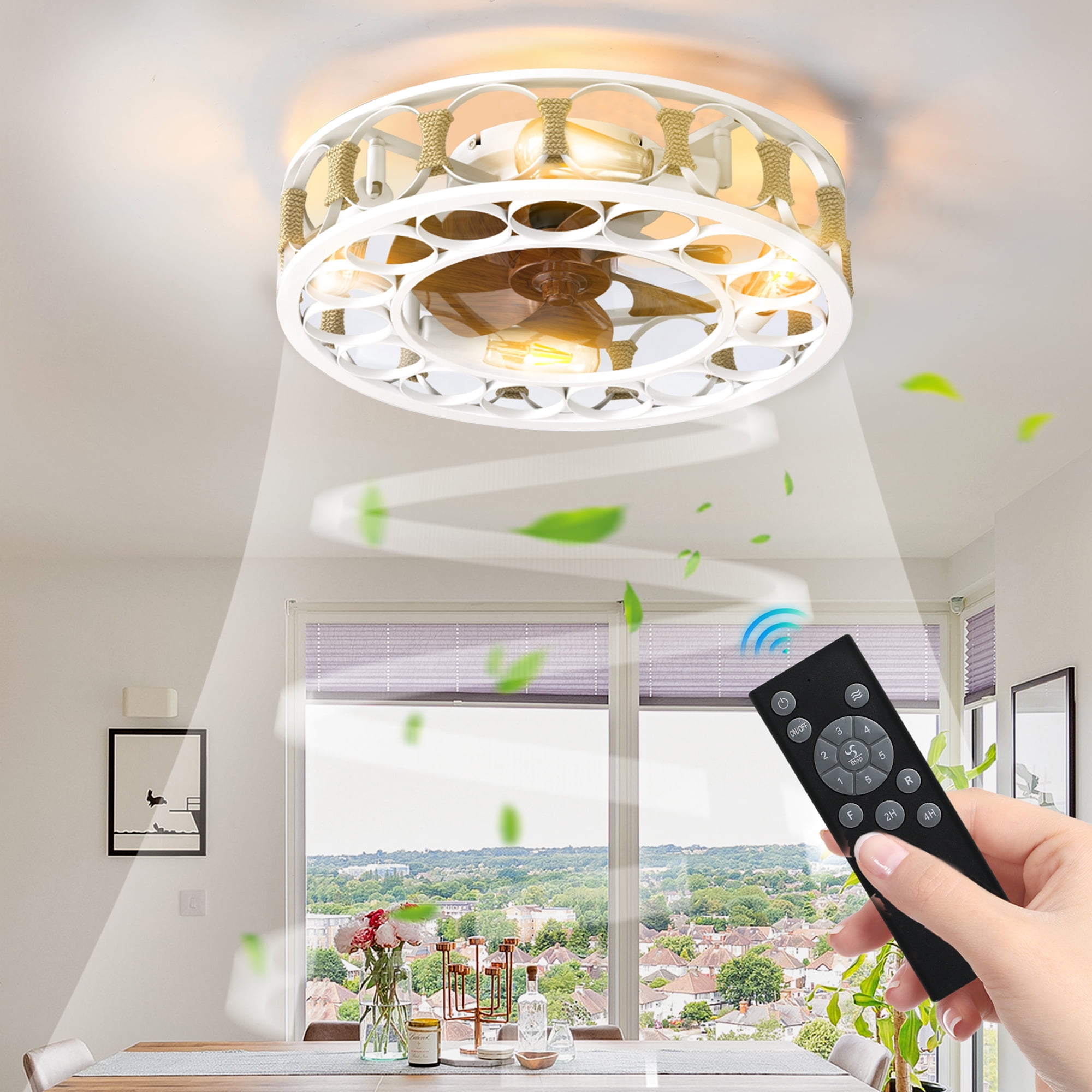 Aukfa 20" Caged Ceiling Fans with Lights and Remote, Low Profile Bladeless Caged Fan with 6 Speeds and Timing, White