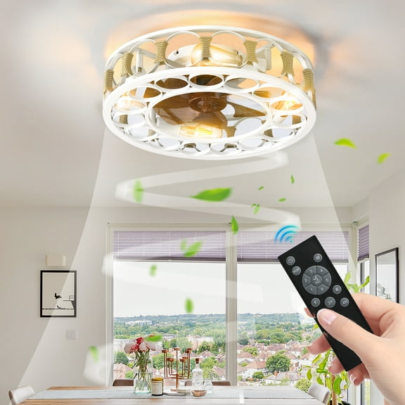 Aukfa 20" Caged Ceiling Fans with Lights and Remote, Low Profile Bladeless Caged Fan with 6 Speeds and Timing, White