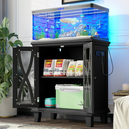 Aukfa 20 Gallon Aquarium Stand with Power Station, Farmhouse Fish Tank Cabinet, Reptile Terrarium Console Table, Black