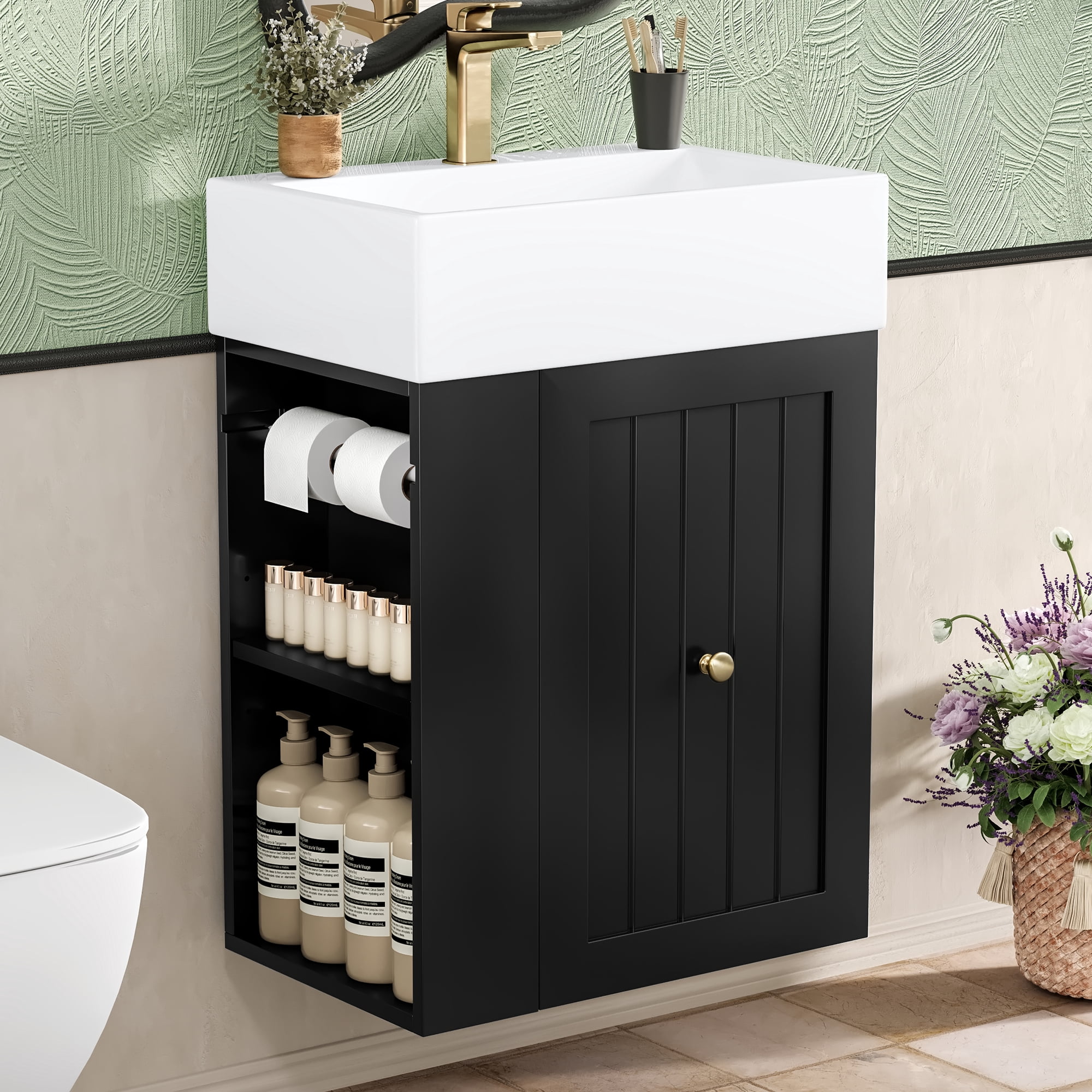 Aukfa 20"Wall-Mounted Bathroom Vanity with Ceramic Sink, Space-Saving Floating Bathroom Vanity,Large Drawer, Side Storage Shelf,Black