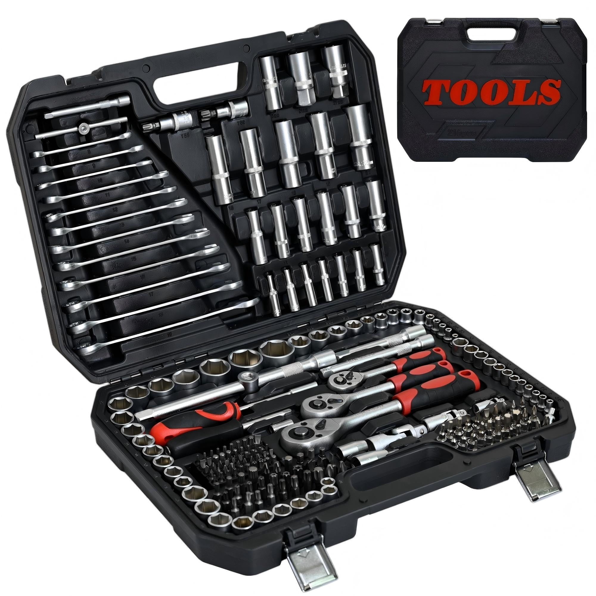 Aukfa 216-Piece Mechanics Tool Set, Socket and Ratchet Wrench, Chrome Finish