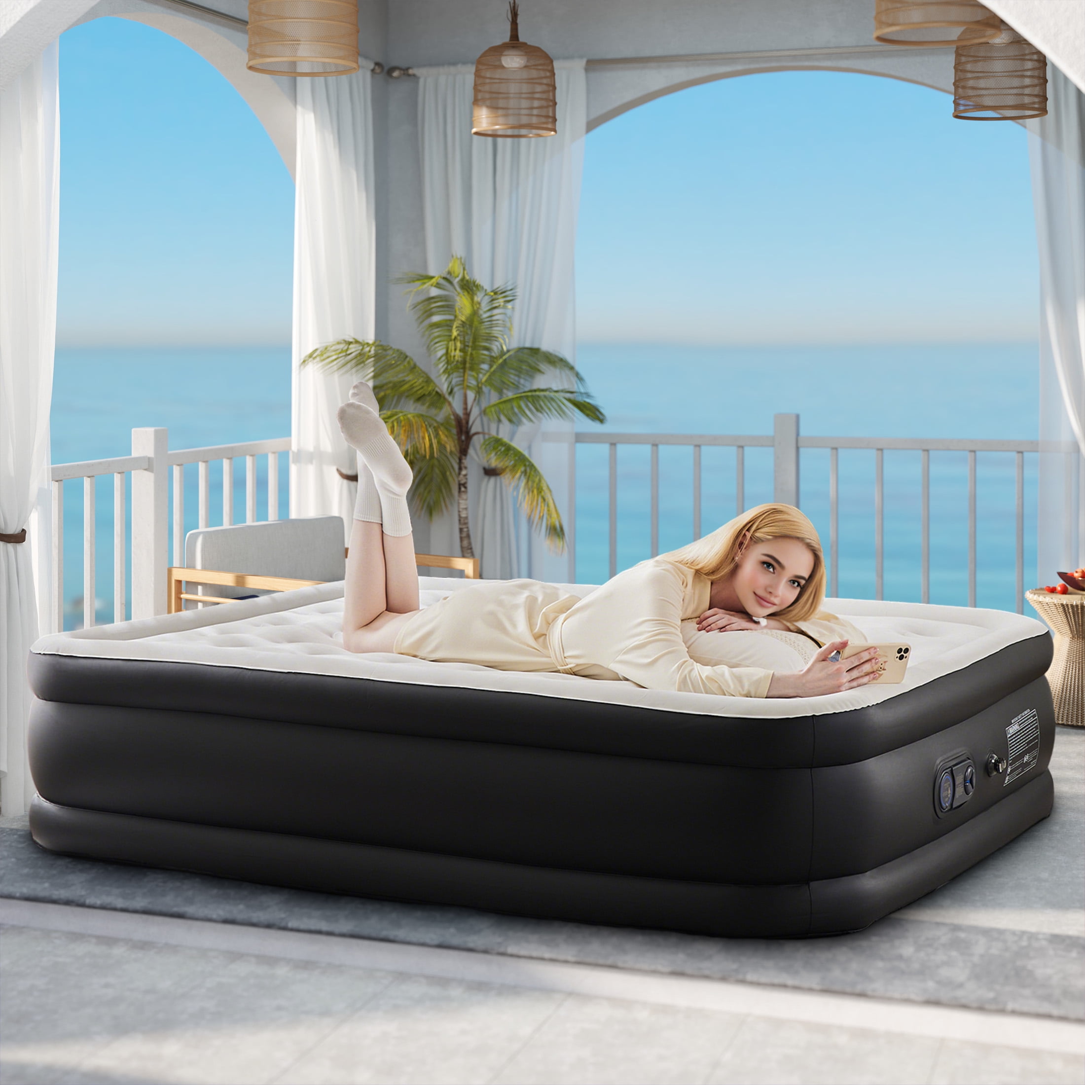 Aukfa 22" Queen Air Mattress with Built-in Pump, Inflatable Airbed for Camping, Travel, 660lbs