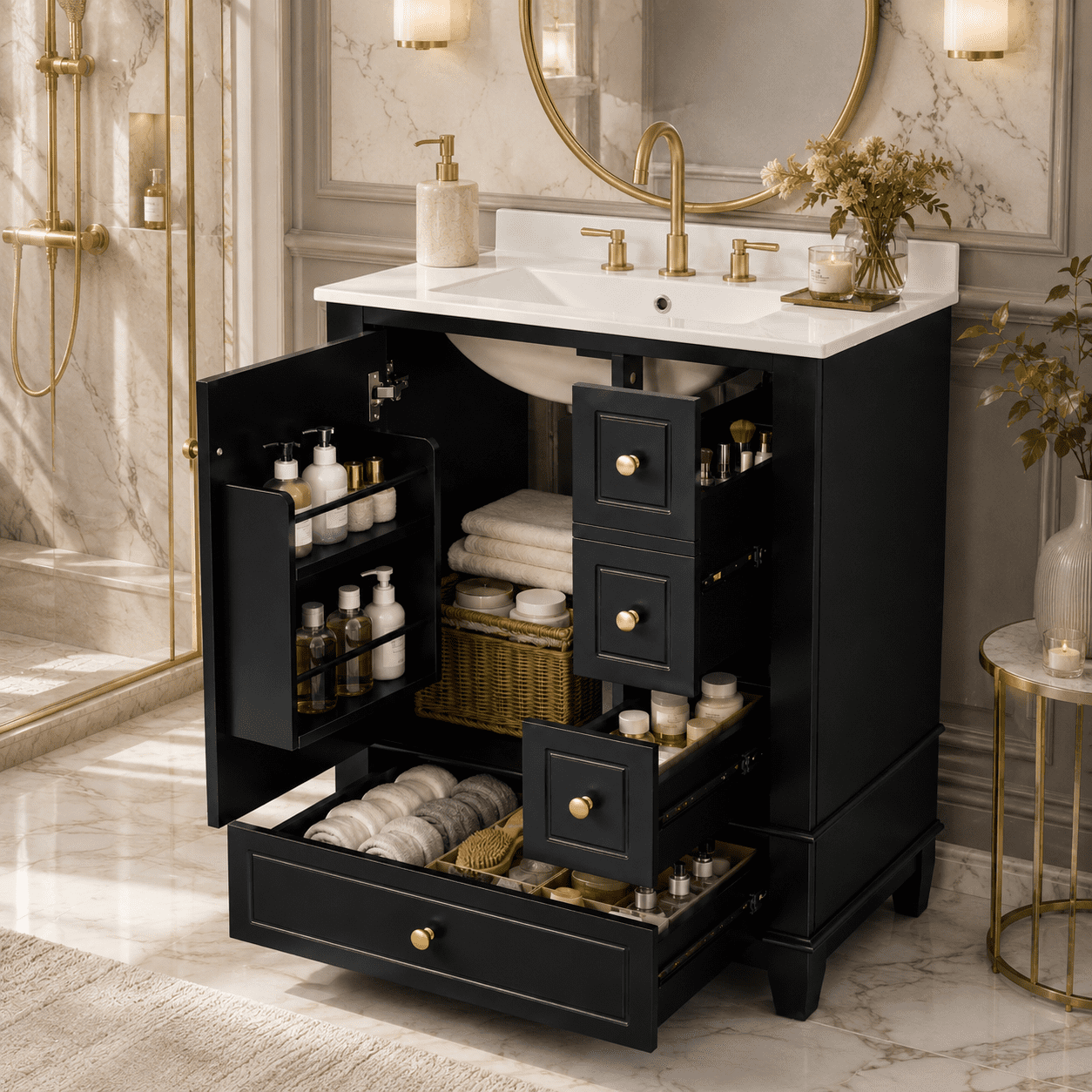 Aukfa 24" Bathroom Vanity with Ceramic Sink, Freestanding Solid Wood Base Cabinet,3 Drawers & Side StorageBlack