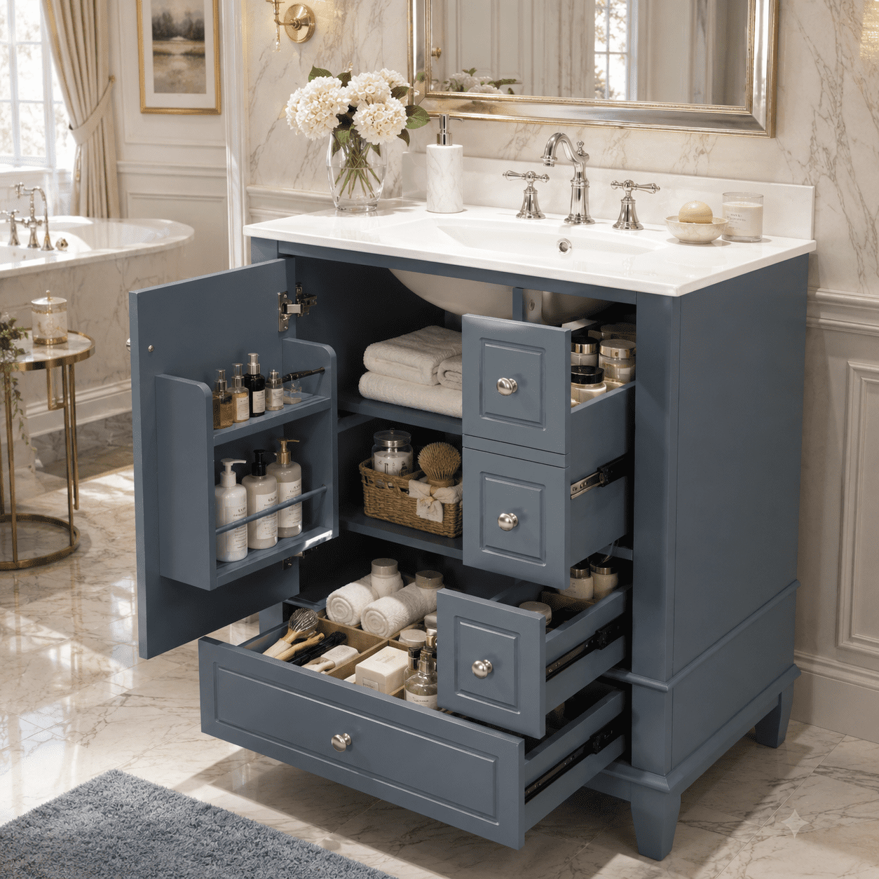 Aukfa 24" Bathroom Vanity with Ceramic Sink, Freestanding Solid Wood Base Cabinet,3 Drawers & Side StorageBlue