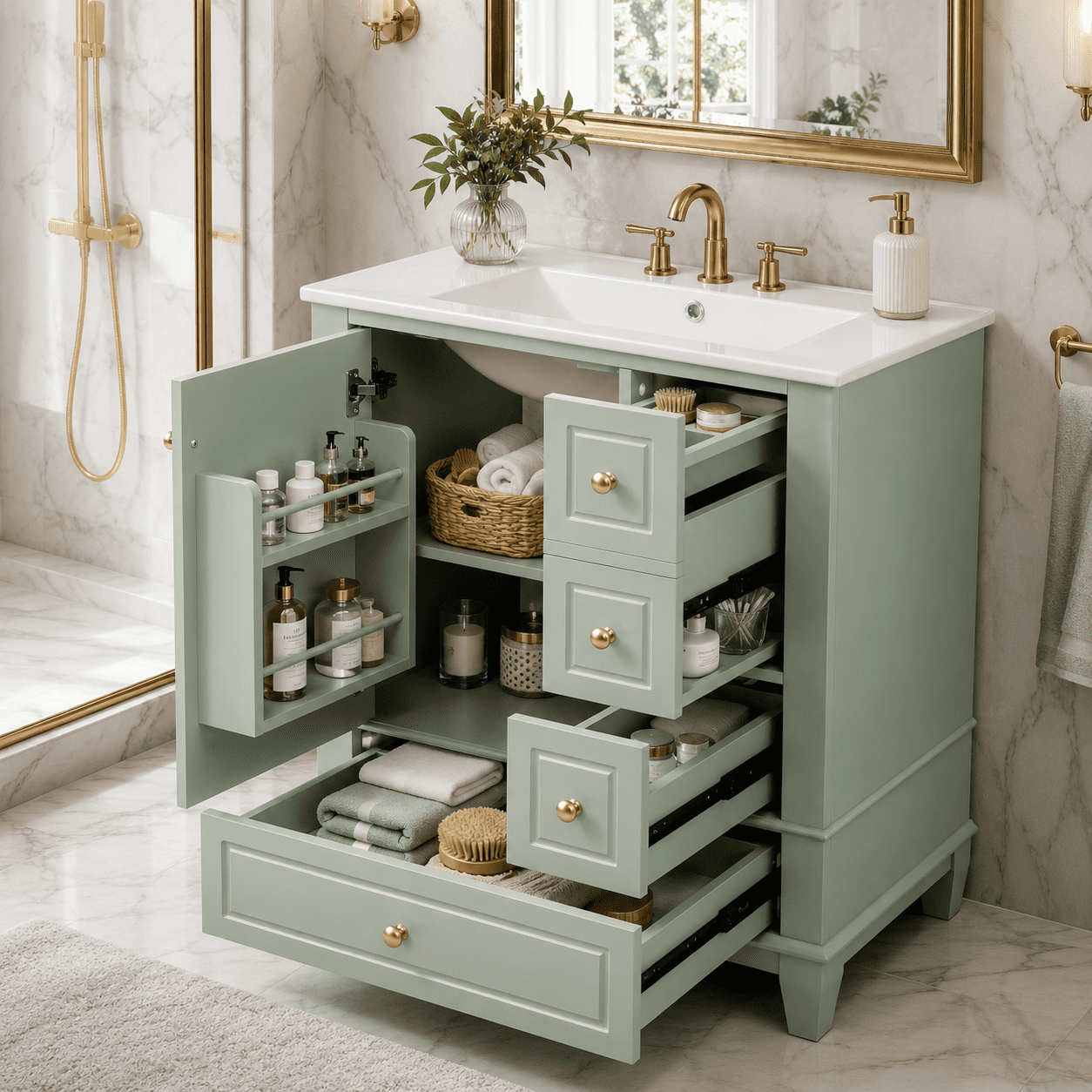 Aukfa 24" Bathroom Vanity with Ceramic Sink, Freestanding Solid Wood Base Cabinet,3 Drawers & Side StorageGreen