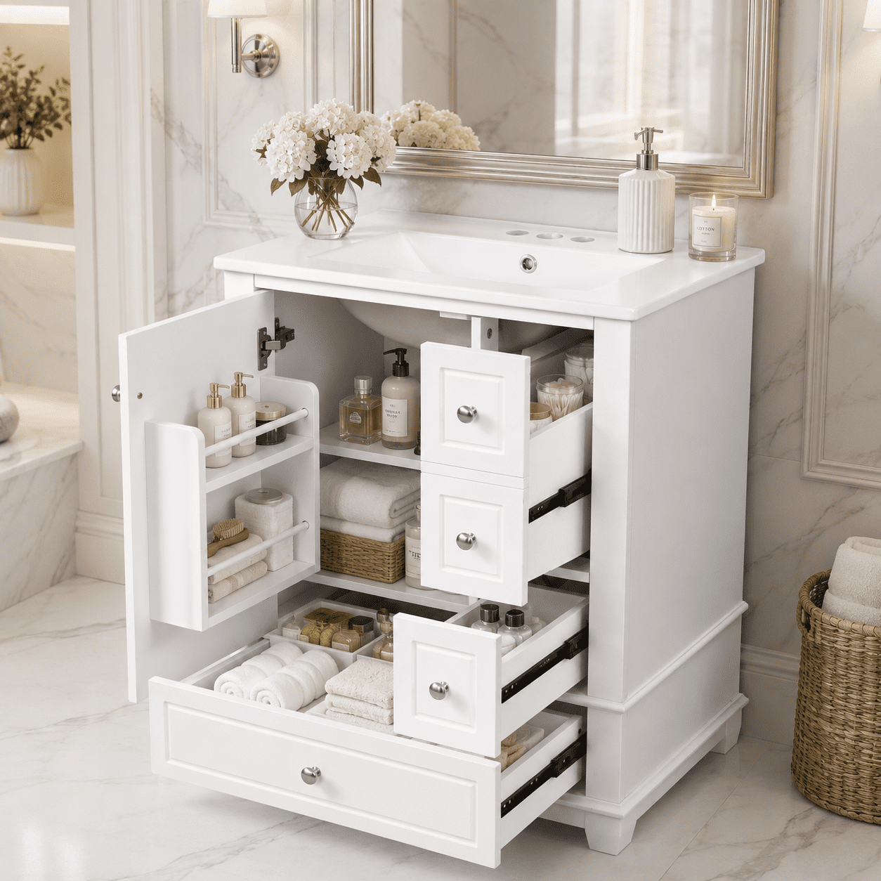 Aukfa 24" Bathroom Vanity with Ceramic Sink, Freestanding Solid Wood Base Cabinet,3 Drawers & Side StorageWhite