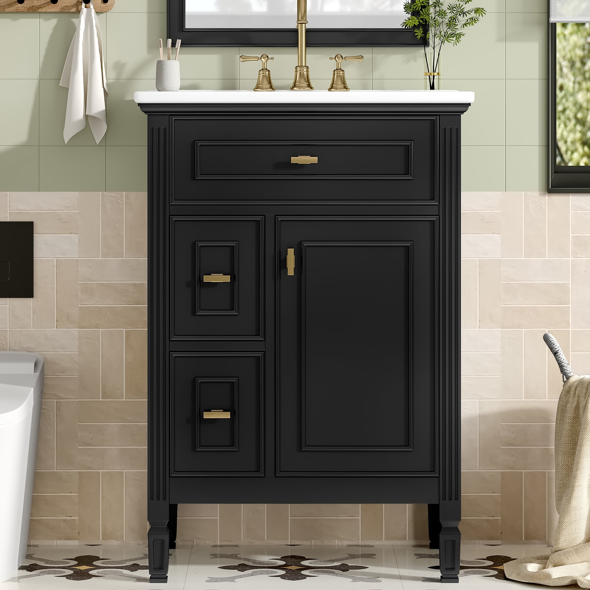 Aukfa 24" Bathroom Vanity with Sink,Modern Bathroom Sink Cabinet for Small Spaces,Ceramic Top & Flip Drawer,Black