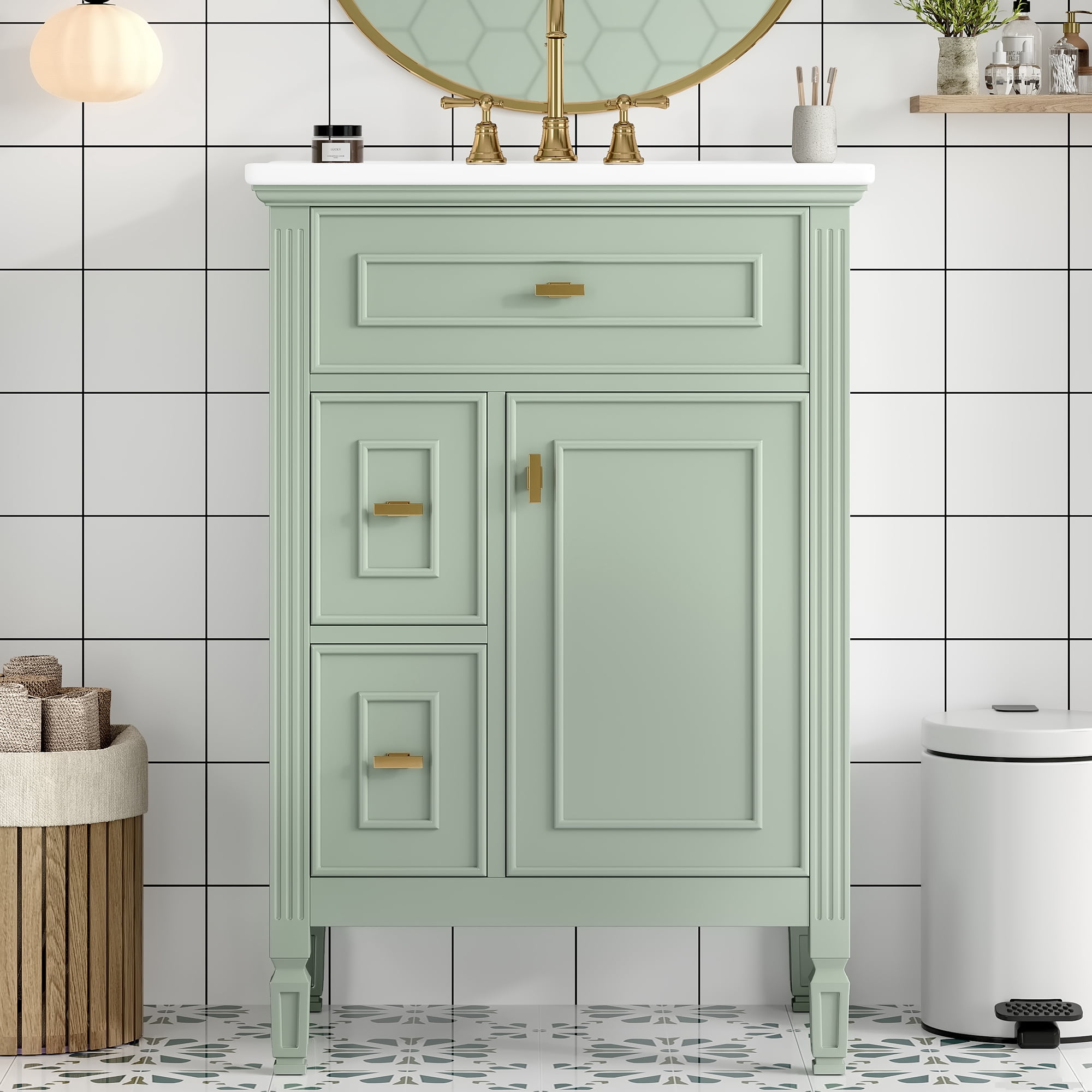 Aukfa 24" Bathroom Vanity with Sink,Modern Bathroom Sink Cabinet for Small Spaces,Ceramic Top & Flip Drawer,Green