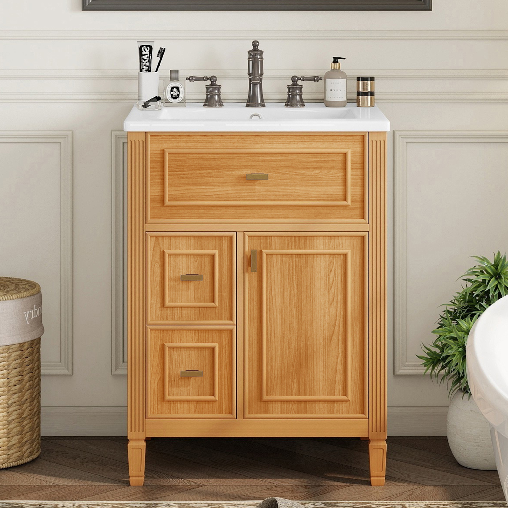 Aukfa 24" Bathroom Vanity with Sink,Modern Bathroom Sink Cabinet for Small Spaces,Ceramic Top & Flip Drawer,Oak