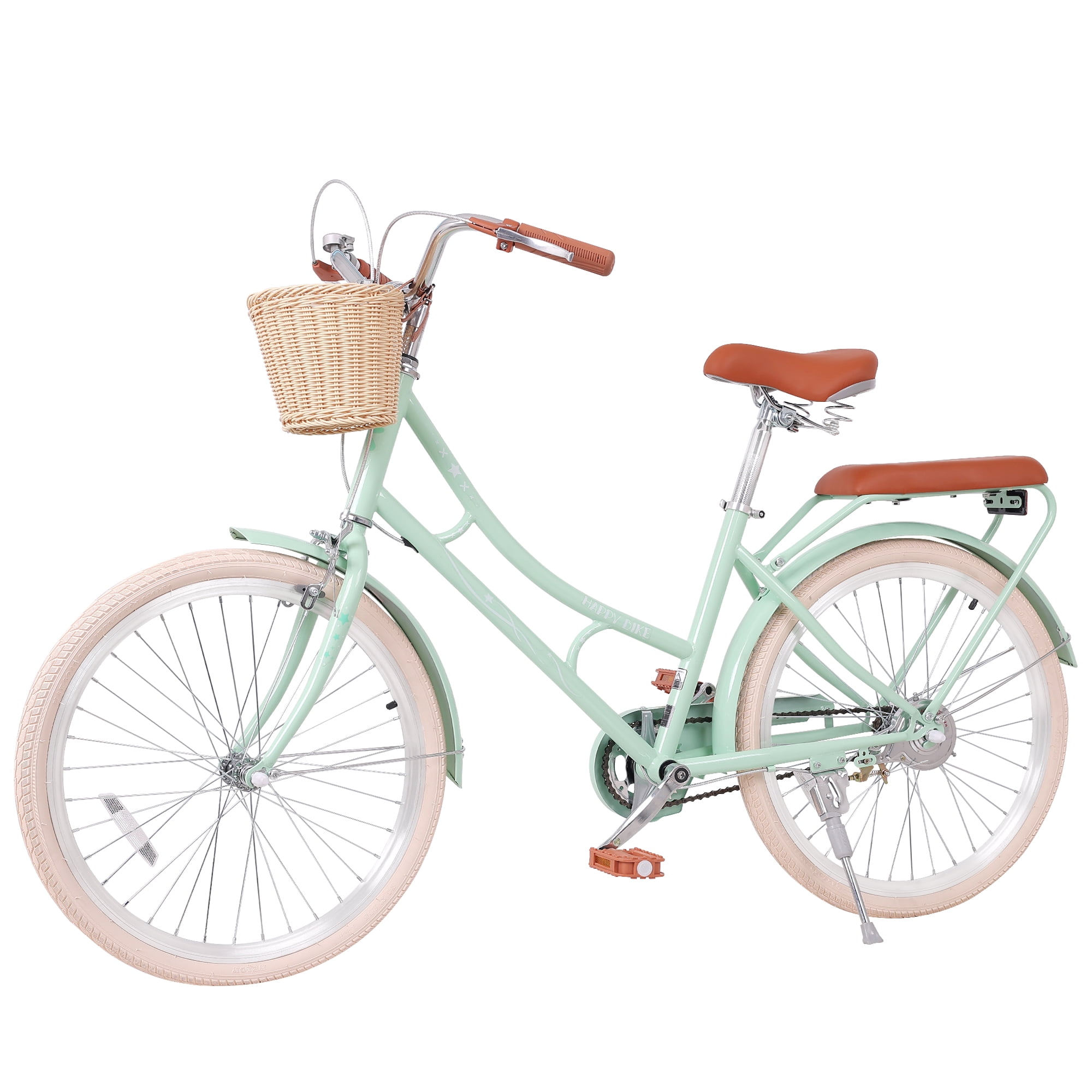 Aukfa 24" Beach Cruiser Bike with Basket & Rear Seat for Girls & Teens, Step-Through Comfort Bicycle Single Speed City Commuter,Mint Green