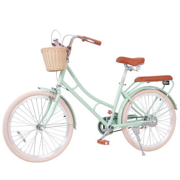 Aukfa 24" Beach Cruiser Bike with Basket & Rear Seat for Girls & Teens, Step-Through Comfort Bicycle Single Speed City Commuter,Mint Green