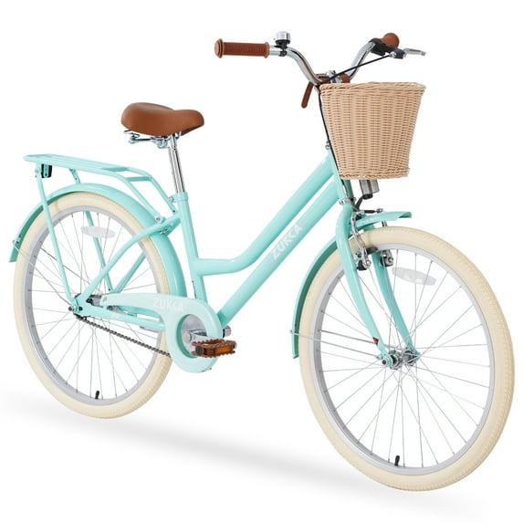 Aukfa 24" Girls Bike with Basket, Cruiser Bike Children's Bicycle for 10+ Years Old Kids,Mint Green