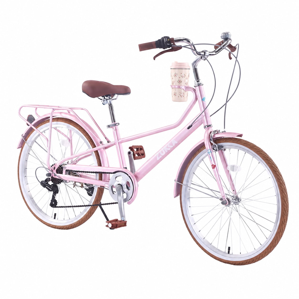 Aukfa 24 Inch Women's Cruiser Bike, 6-Speed Step-Through Commuter Bicycle with Cup Holder & Rear Rack,Pink