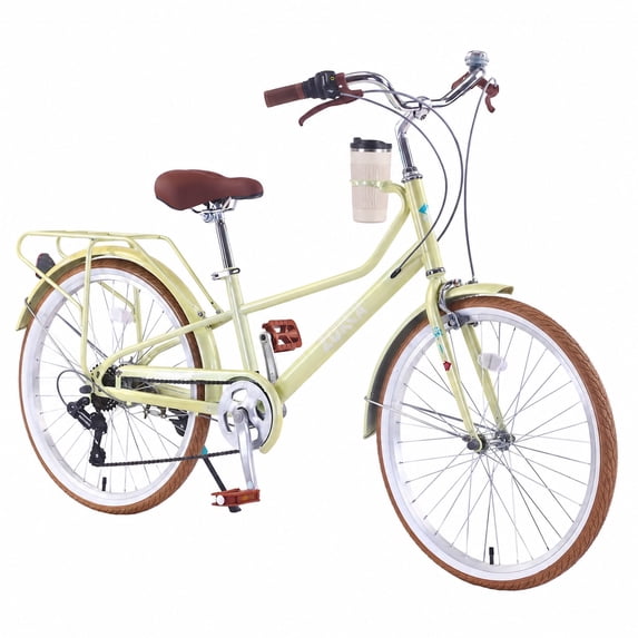 Aukfa 24 Inch Women's Cruiser Bike, 6-Speed Step-Through Commuter Bicycle with Cup Holder & Rear Rack,Yellow