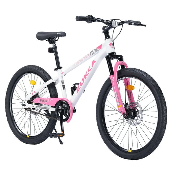Aukfa 24" Kids Mountain Bike with Suspension Fork, Disc Brakes, MTB Frame, Ages 9–12,White