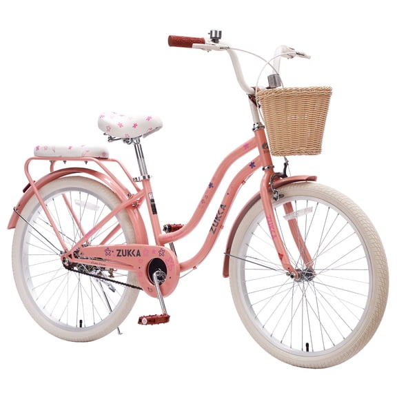 Aukfa 24" Retro Beach Cruiser Bike for Women & Girls, Single Speed City Commuter Bicycle with Basket & Rear Rack,Orange
