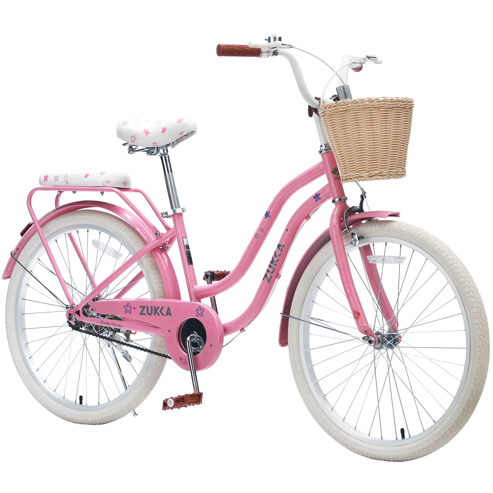 Aukfa 24" Retro Beach Cruiser Bike for Women & Girls, Single Speed City Commuter Bicycle with Basket & Rear Rack,Pink